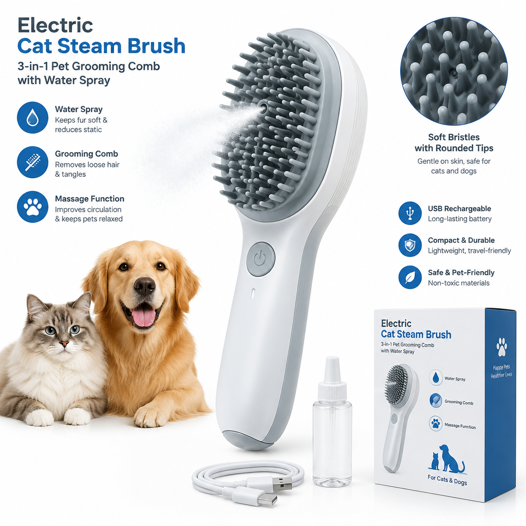 Electric Cat Steam Brush – 3-In-1 Pet Grooming Comb with Water Spray for Cats and Dogs, USB Rechargeable